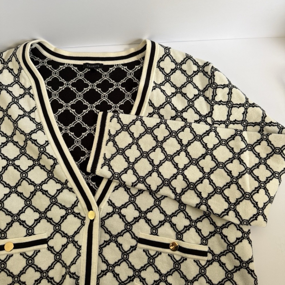 Talbots V-Neck Cardigan Lattice Jacquard XL Black Off White Career Casual Preppy - Picture 6 of 9